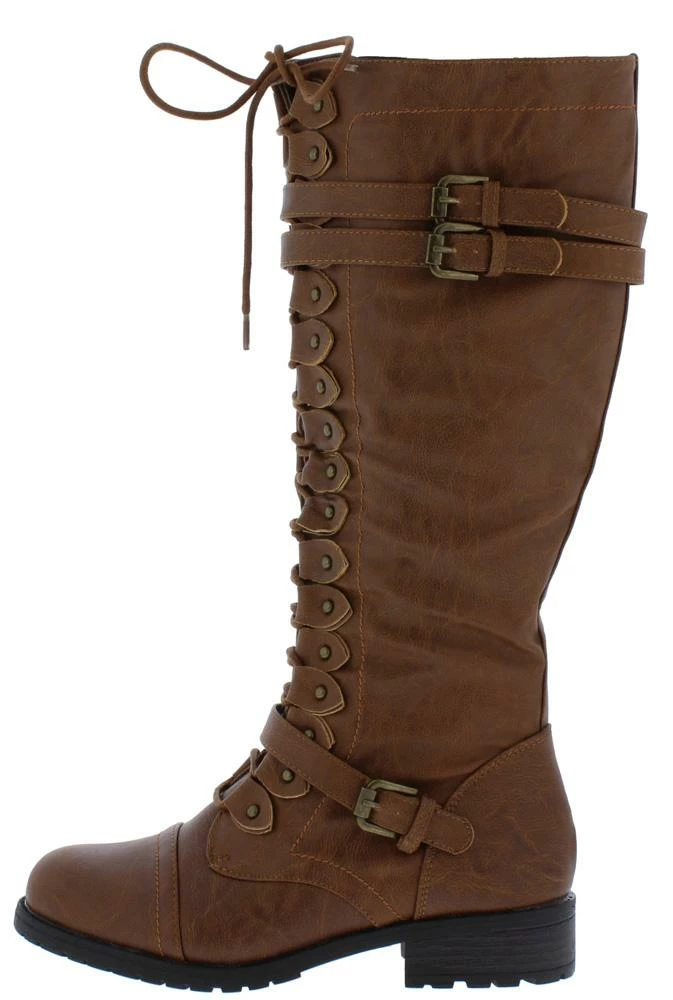 QUPID Boots Timberly65 Cognac Multi Buckle Lace Up Knee High Boot 3 QUPID Boots Timberly65 Cognac Multi Buckle Lace Up Knee High Boot