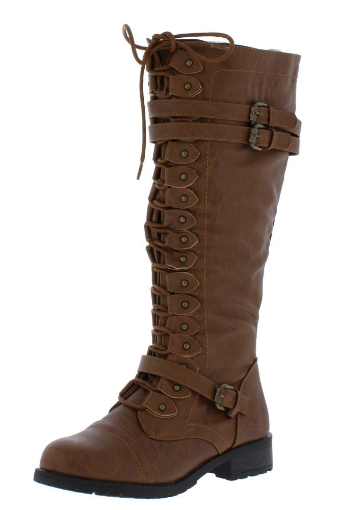 QUPID Boots Timberly65 Cognac Multi Buckle Lace Up Knee High Boot 4 QUPID Boots Timberly65 Cognac Multi Buckle Lace Up Knee High Boot