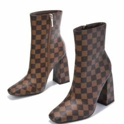 CAPE ROBBIN Boots Toni075 Brown Square Toe Block Heel Ankle Boot