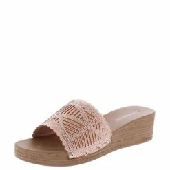 SUP Nicole238 Pink Scalloped Open Toe Rhinestone Slide Wedge What's New