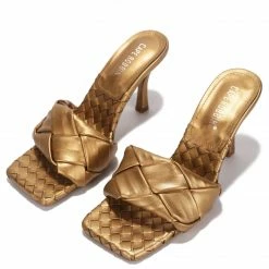 CAPE ROBBIN What's New Wave It Gold Square Open Toe Woven Mule Heel