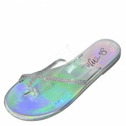 MACHI Yale2 Silver Holographic Embellished Cross Strap Flat Slide Sandal