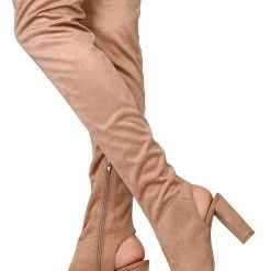 QUPID Boots York22 Taupe Suede Knee High Peep Toe Heel Boot