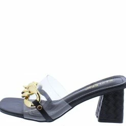 Elegant Aba66 Black Gold Chain Open Toe Short Block Heel What's New