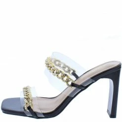 Elegant What's New Adibia3 Black Sparkle Chain Dual Strap Thin Block Heel