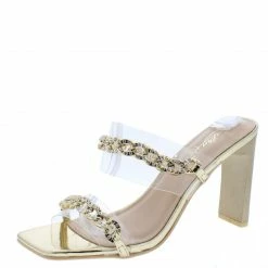 Elegant Adibia3 Gold Sparkle Chain Dual Strap Thin Block Heel What's New