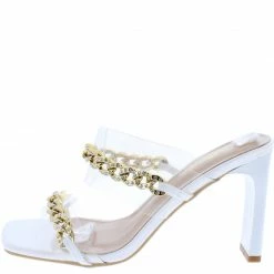 Elegant Adibia3 White Sparkle Chain Dual Strap Thin Block Heel What's New