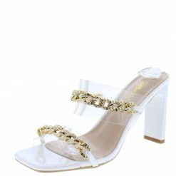 Elegant Adibia3 White Sparkle Chain Dual Strap Thin Block Heel What's New