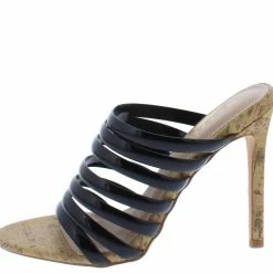 ELEGANCE Alina1 Black Strappy Open Toe Cork Stiletto Heel