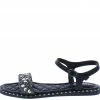 JP Alta03 Black Sparkle Quilted Open Toe Ankle Strap Flat Sandal