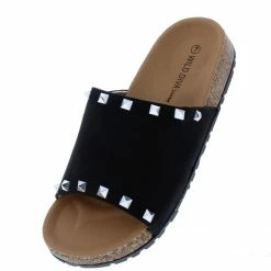 Legend Shoes Audrina08 Black Studded Open Toe Flat Slide Sandal