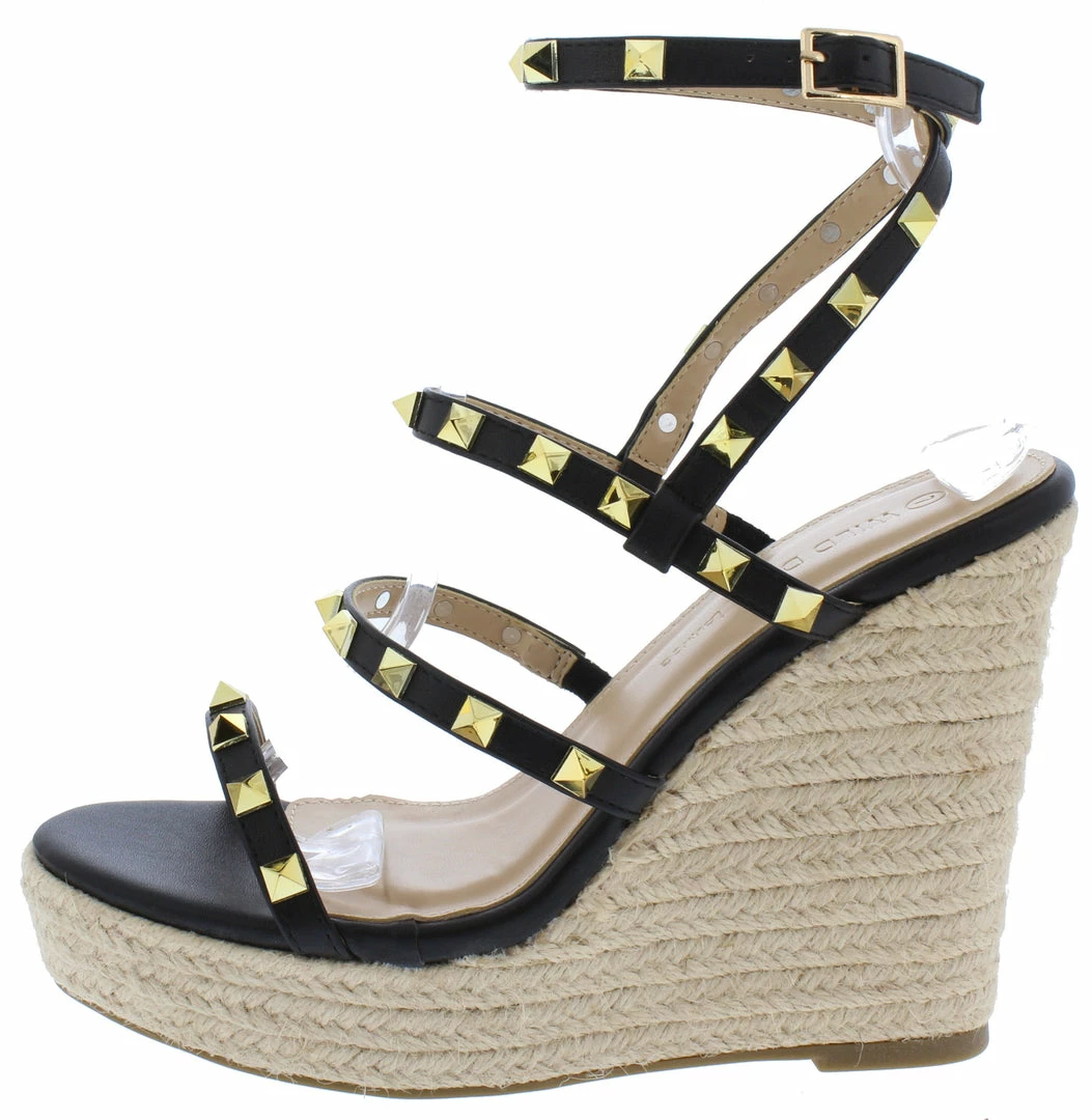 Legend Shoes Ayla64 Black Pu Studded Multi Strap Espadrille Wedge 3 Legend Shoes Ayla64 Black Pu Studded Multi Strap Espadrille Wedge
