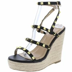 Legend Shoes Ayla64 Black Pu Studded Multi Strap Espadrille Wedge