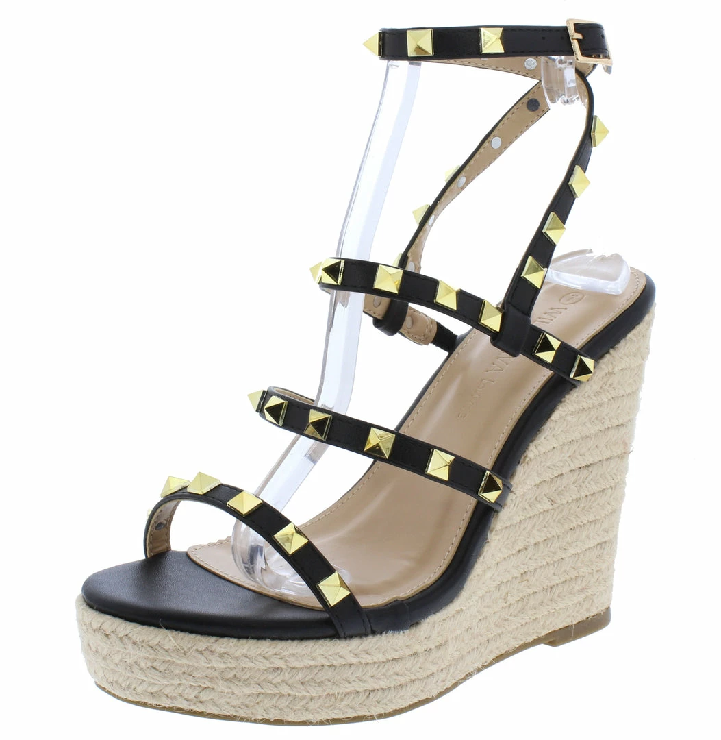 Legend Shoes Ayla64 Black Pu Studded Multi Strap Espadrille Wedge 4 Legend Shoes Ayla64 Black Pu Studded Multi Strap Espadrille Wedge