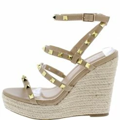 Legend Ayla64 Nude Pu Studded Multi Strap Espadrille Wedge