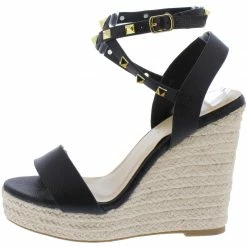 Legend What's New Ayla68a Black Pu Open Toe Studded Ankle Strap Espadrille Wedge