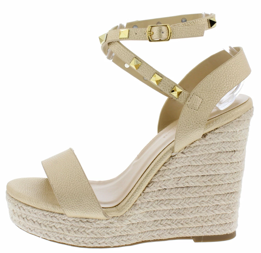 Legend Ayla68a Champagne Pu Open Toe Studded Ankle Strap Espadrille Wedge 3 Legend Ayla68a Champagne Pu Open Toe Studded Ankle Strap Espadrille Wedge