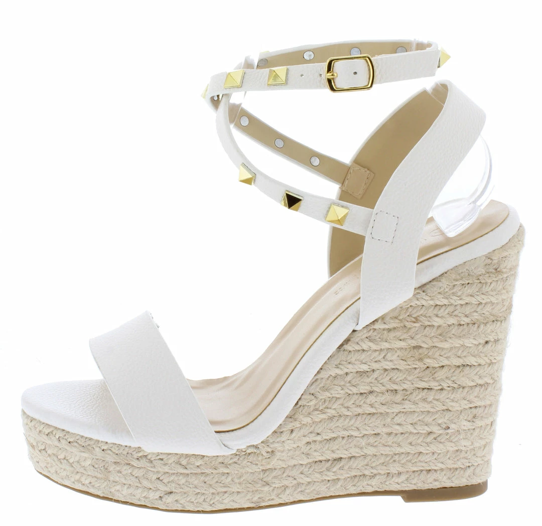 Legend Ayla68a White Pu Open Toe Studded Ankle Strap Espadrille Wedge 3 Legend Ayla68a White Pu Open Toe Studded Ankle Strap Espadrille Wedge