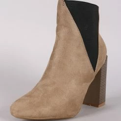 CAPE ROBBIN Bemice11 Taupe Elastic Offset Chunky Heel Ankle Boot Boots