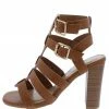 Bamboo Blowup04 Tan Burnish Pu Caged Open Toe Cut Out Stacked Heel Shoes