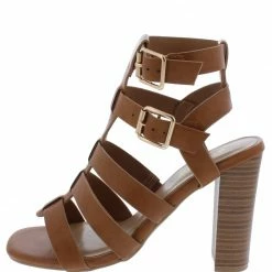 Bamboo Blowup04 Tan Burnish Pu Caged Open Toe Cut Out Stacked Heel Shoes