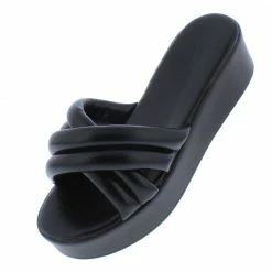 JP Shoes Bonus22 Black Chunky Cross Strap Open Toe Slide Wedge