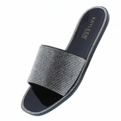 Elegant What's New Brin1 Black Embellished Open Toe Flat Slide Sandal