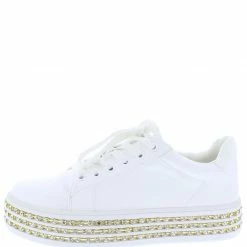 Liliana Irene113 White Lace Up Rhinestone Platform Sneaker Flat What's New
