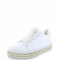 Liliana Irene113 White Lace Up Rhinestone Platform Sneaker Flat What's New