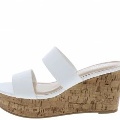 Liliana Laura112 White Slide On Dual Strap Platform Cork Wedge