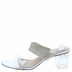 SUP What's New Clear900 Silver Open Toe Embellished Slide Lucite Heel