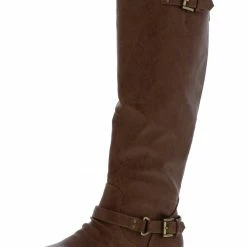 TOP GUY Coco1 Tan Dual Buckle Strap Knee High Boot
