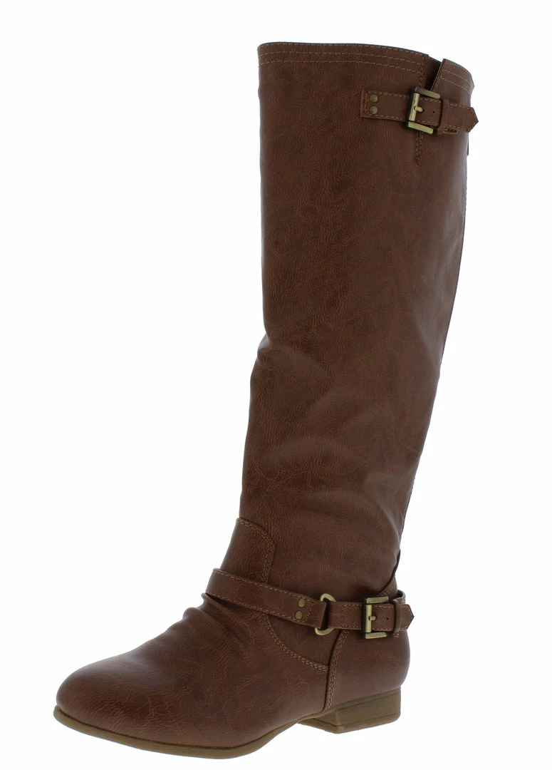 TOP GUY Coco1 Tan Dual Buckle Strap Knee High Boot 4 TOP GUY Coco1 Tan Dual Buckle Strap Knee High Boot