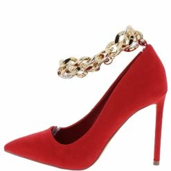 Bamboo What's New Condition20 Red Faux Suede Pointed Toe Ankle Chain Stiletto Heel