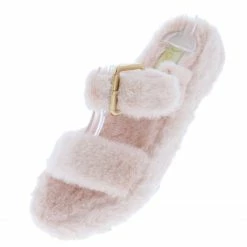 Mata Shoes Cuddle2 Pink Faux Fur Open Toe Dual Strap Slide Sandal