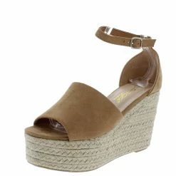 Elegant Daelyn1 Tan Open Toe Ankle Strap Espadrille Wedge