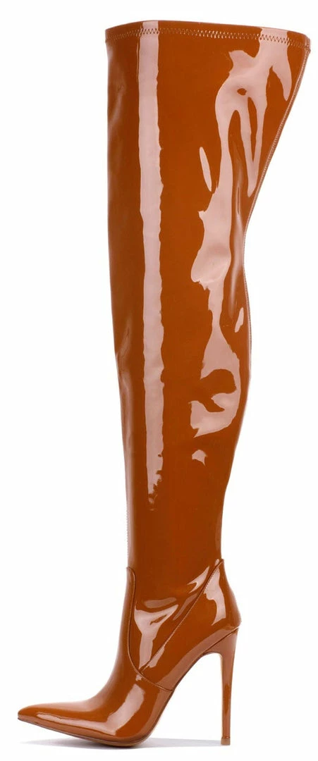 CAPE ROBBIN Dalen Tan Pat Pointed Toe Thigh High Stiletto Boot What's New 3 CAPE ROBBIN Dalen Tan Pat Pointed Toe Thigh High Stiletto Boot What's New