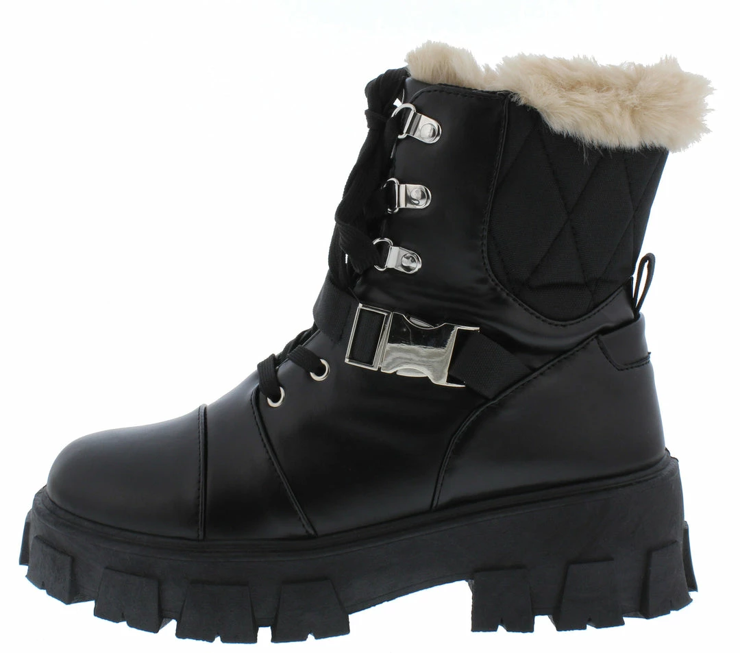 CAPE ROBBIN Darth Black Lace Up Buckle Faux Fur Combat Boot 3 CAPE ROBBIN Darth Black Lace Up Buckle Faux Fur Combat Boot