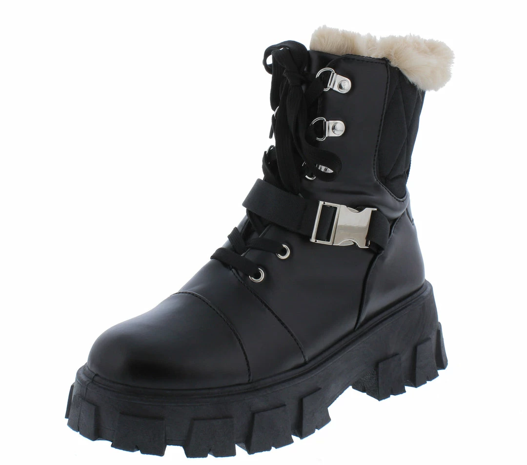 CAPE ROBBIN Darth Black Lace Up Buckle Faux Fur Combat Boot 4 CAPE ROBBIN Darth Black Lace Up Buckle Faux Fur Combat Boot