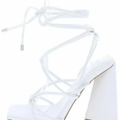 Lemonade What's New Date Night White Strappy Open Toe Ankle Wrap Block Heel