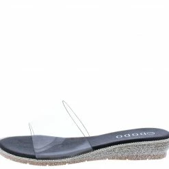 SUP Shoes Dd225 Black Lucite Open Toe Mule Slide Sparkle Wedge