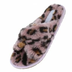 Liliana Shoes Natalie263 Pink Leopard Faux Fur Cross Strap Slide Sandal