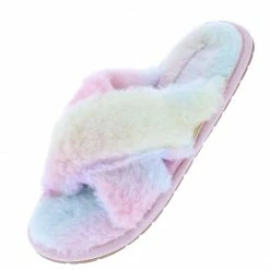 Liliana Natalie263 Rainbow Faux Fur Cross Strap Slide Sandal