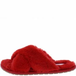 Liliana Natalie263 Red Faux Fur Cross Strap Slide Sandal