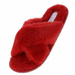 Liliana Natalie263 Red Faux Fur Cross Strap Slide Sandal