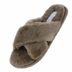 Liliana What's New Natalie263 Taupe Faux Fur Cross Strap Slide Sandal
