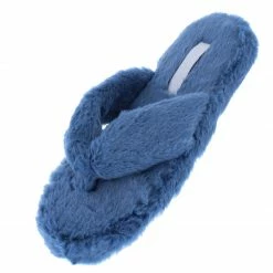 Liliana Shoes Kristy116 Blue Faux Fur Open Toe Flat Thong Sandal