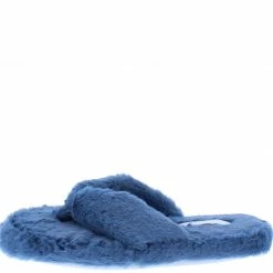 Liliana Shoes Kristy116 Blue Faux Fur Open Toe Flat Thong Sandal