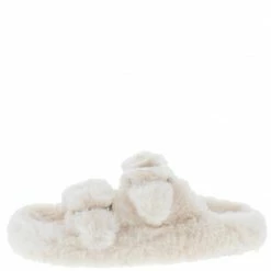 Liliana Andrea269 Cream Faux Fur Dual Buckle Strap Slide Sandal