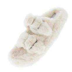 Liliana Andrea269 Cream Faux Fur Dual Buckle Strap Slide Sandal